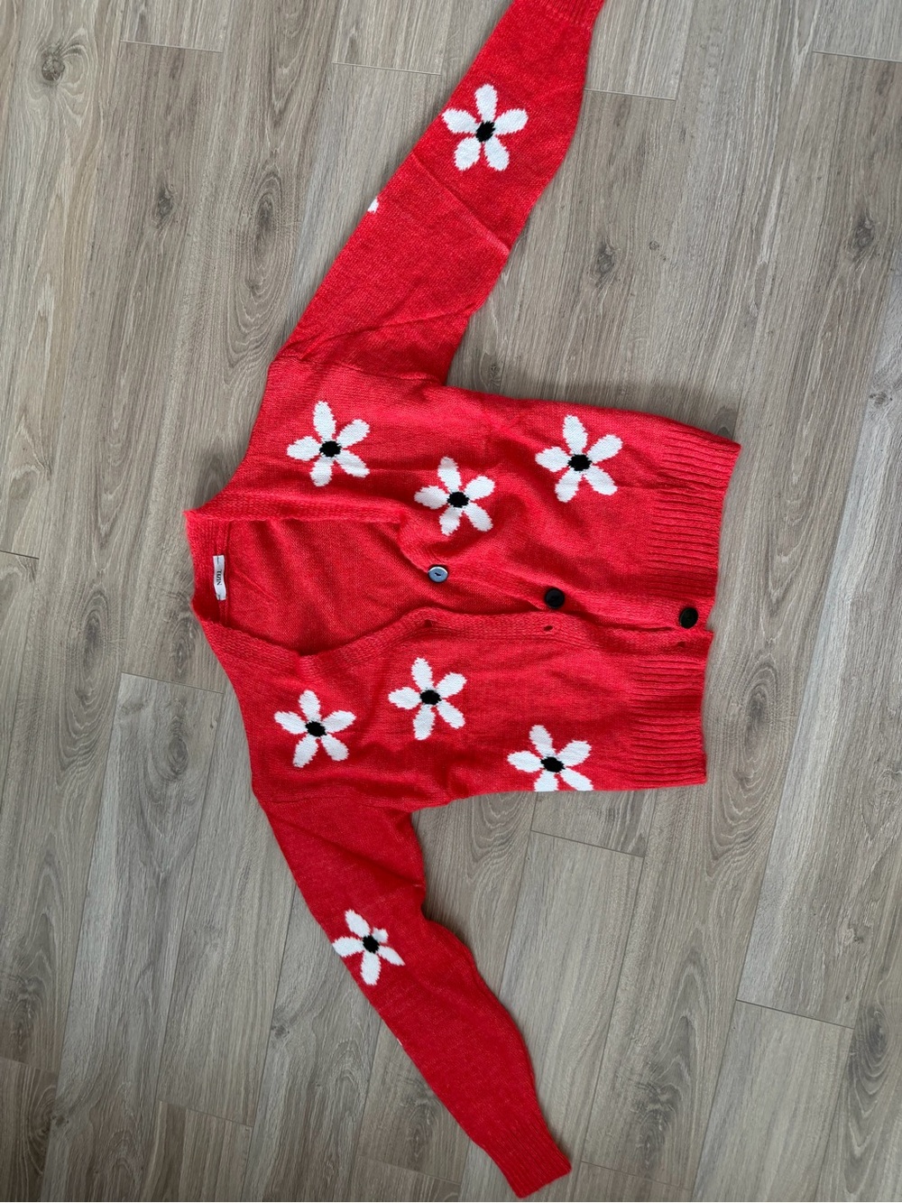 Red Daisy-Print Button Cardigan Sweater